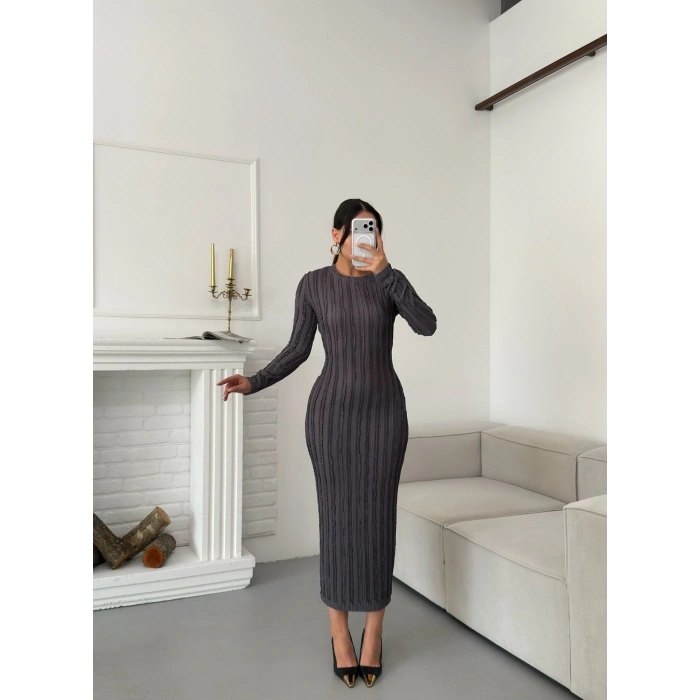 Ters Dikiş Yırtmaçlı Elbise - GRİ