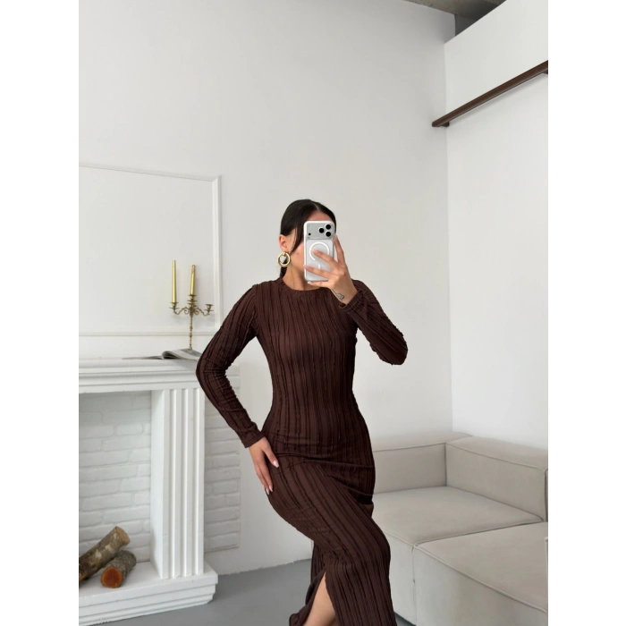 Ters Dikiş Yırtmaçlı Elbise - KAHVE