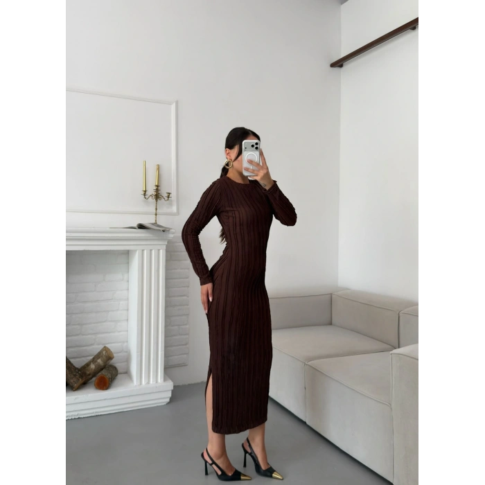 Ters Dikiş Yırtmaçlı Elbise - KAHVE