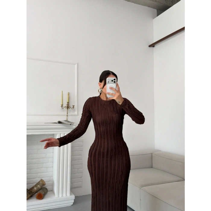 Ters Dikiş Yırtmaçlı Elbise - KAHVE