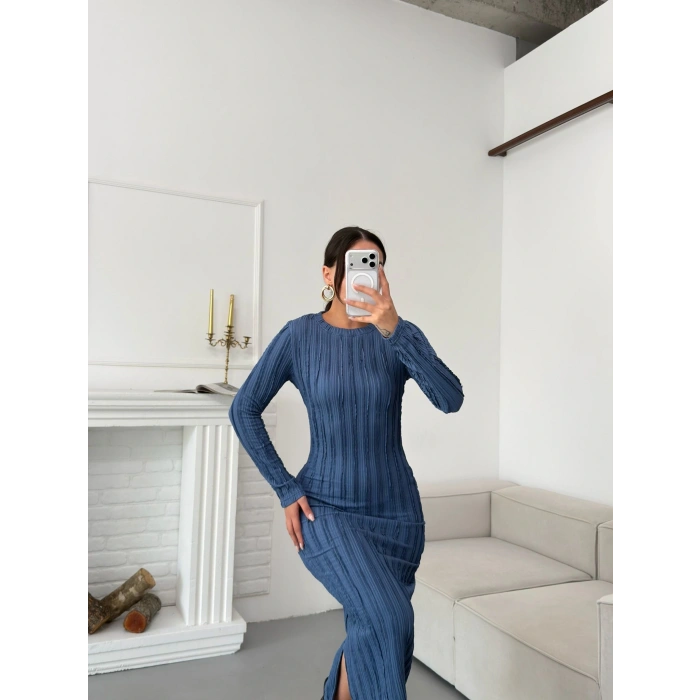 Ters Dikiş Yırtmaçlı Elbise - MAVİ