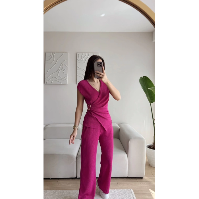 Tokalı Kruvaze Pantolon Takım - FUŞYA