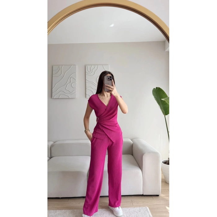 Tokalı Kruvaze Pantolon Takım - FUŞYA