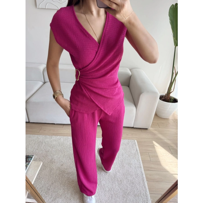 Tokalı Kruvaze Pantolon Takım - FUŞYA