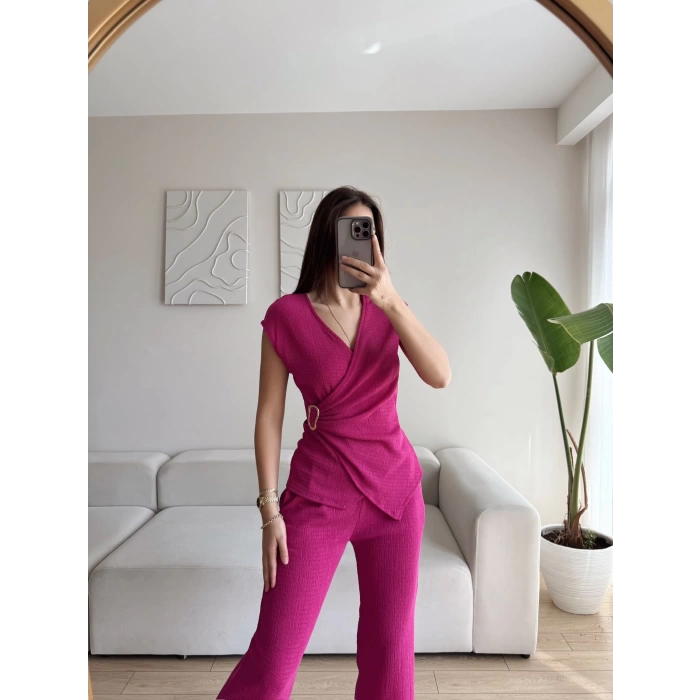 Tokalı Kruvaze Pantolon Takım - FUŞYA