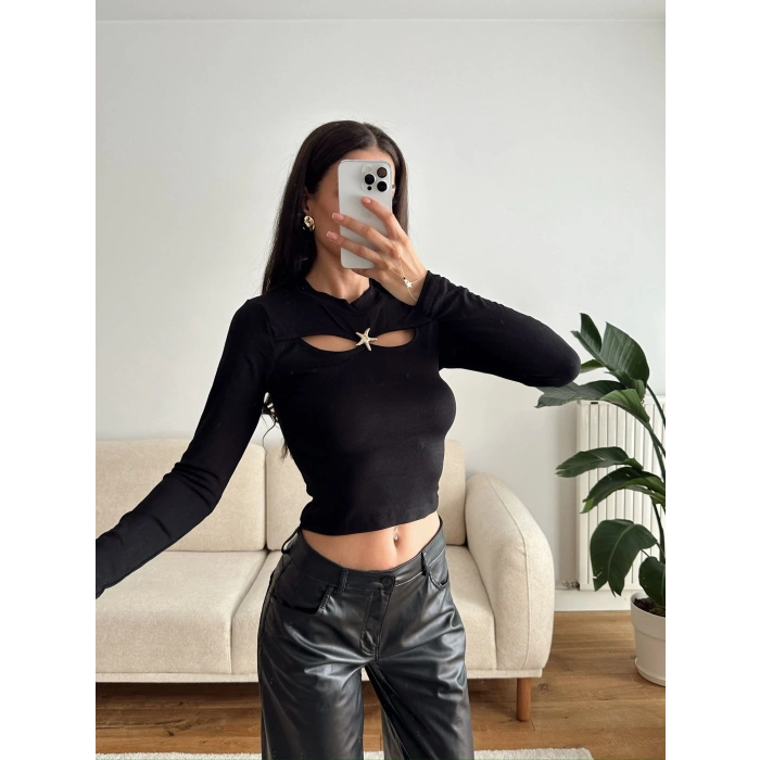 Tokalı Çift Pencere Crop - SİYAH