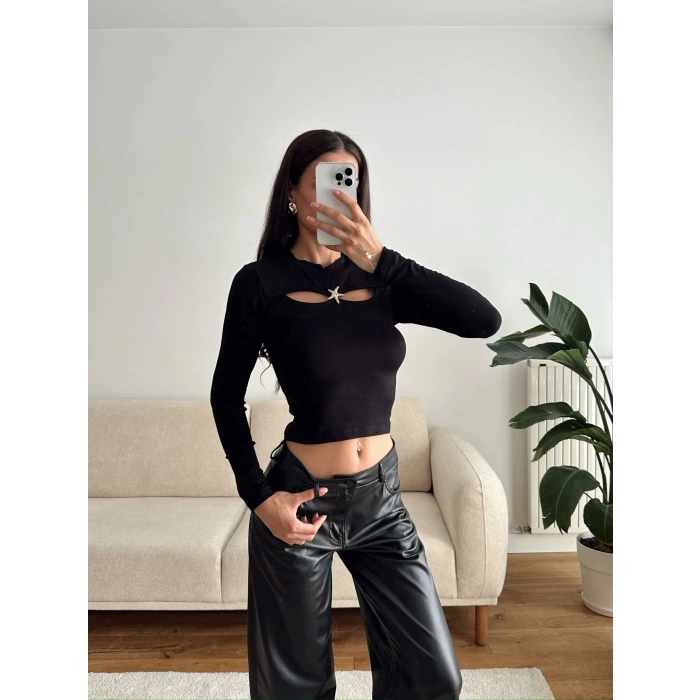 Tokalı Çift Pencere Crop - SİYAH