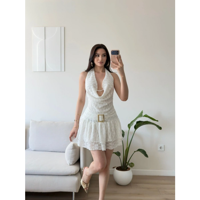 Tokalı Dantel Degaje Elbise - BEYAZ