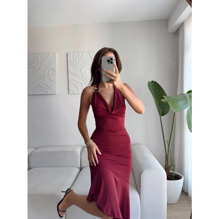 Tokalı Degaje Yaka Elbise - BORDO