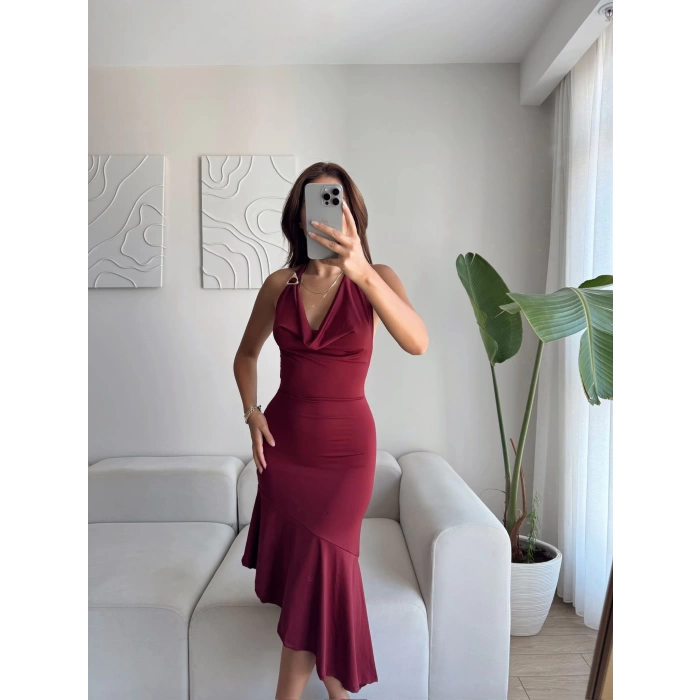 Tokalı Degaje Yaka Elbise - BORDO