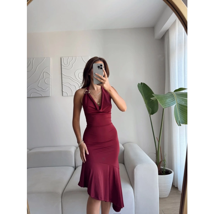 Tokalı Degaje Yaka Elbise - BORDO