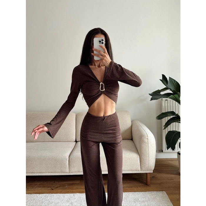 Tokalı Kruvaze Crop & Pantolon Takım - KAHVE