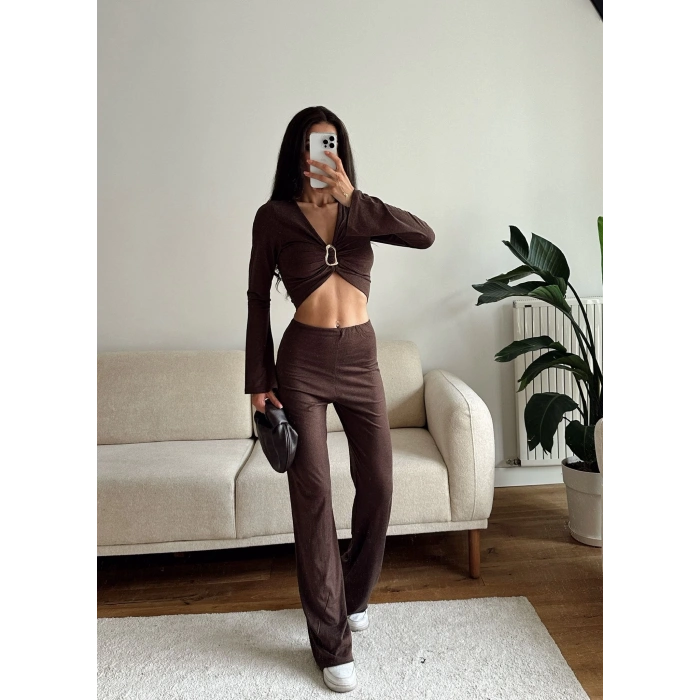 Tokalı Kruvaze Crop & Pantolon Takım - KAHVE