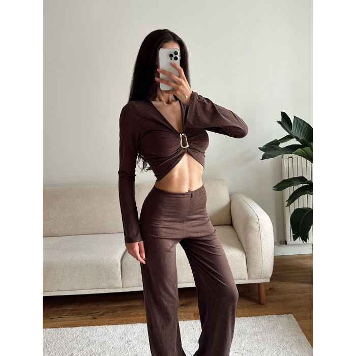 Tokalı Kruvaze Crop & Pantolon Takım - KAHVE