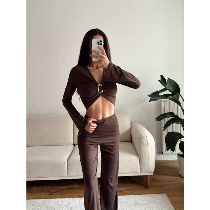 Tokalı Kruvaze Crop & Pantolon Takım - KAHVE