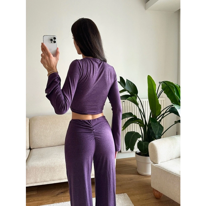 Tokalı Kruvaze Crop & Pantolon Takım - MOR