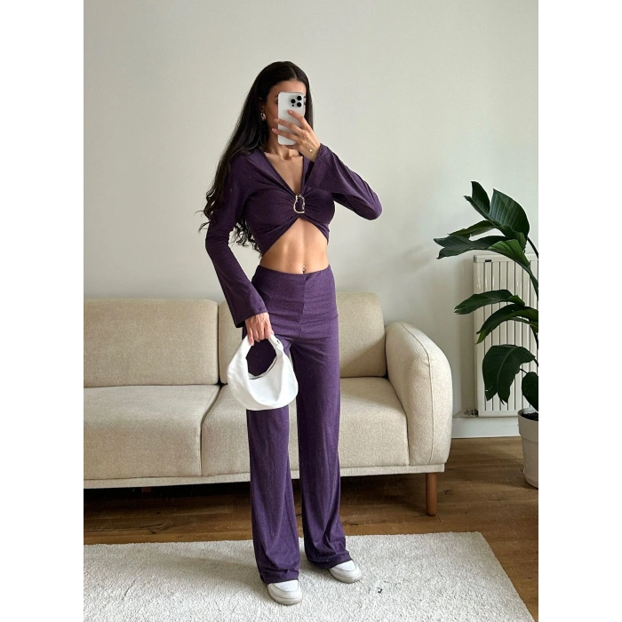 Tokalı Kruvaze Crop & Pantolon Takım - MOR