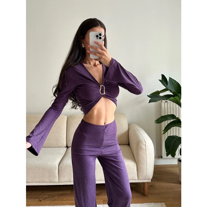 Tokalı Kruvaze Crop & Pantolon Takım - MOR