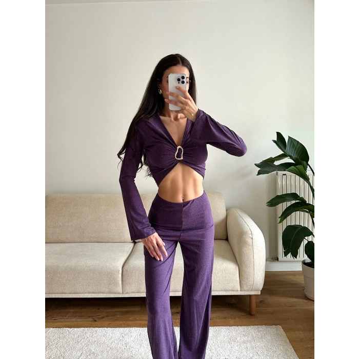 Tokalı Kruvaze Crop & Pantolon Takım - MOR