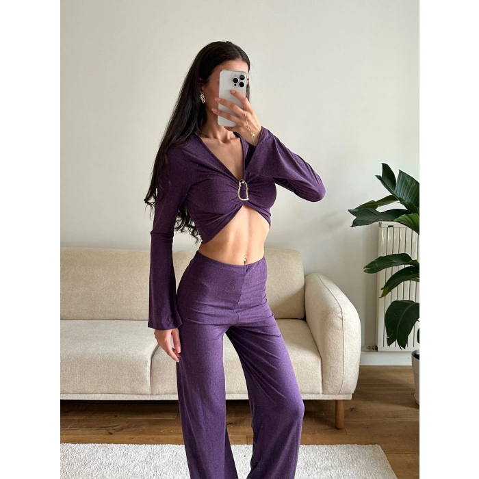 Tokalı Kruvaze Crop & Pantolon Takım - MOR