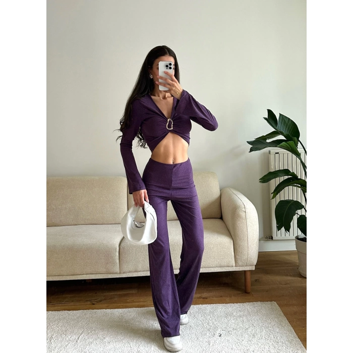 Tokalı Kruvaze Crop & Pantolon Takım - MOR