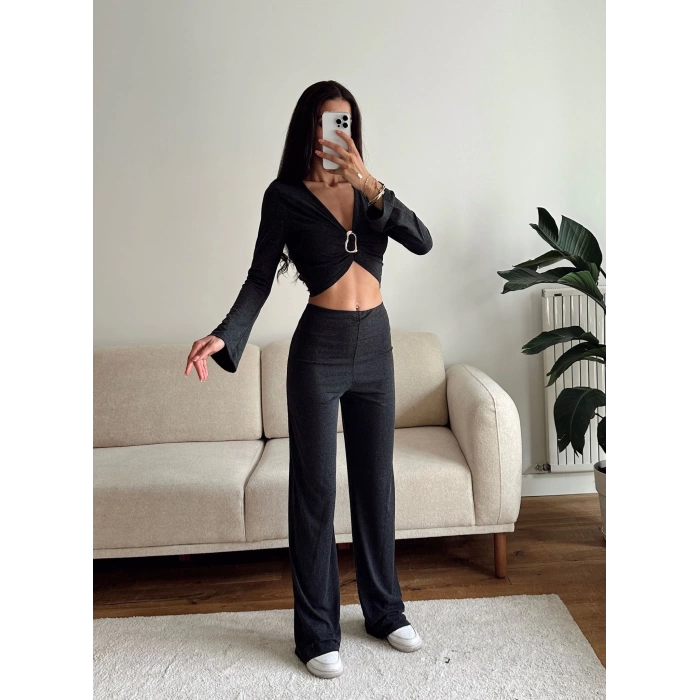 Tokalı Kruvaze Crop & Pantolon Takım - SİYAH