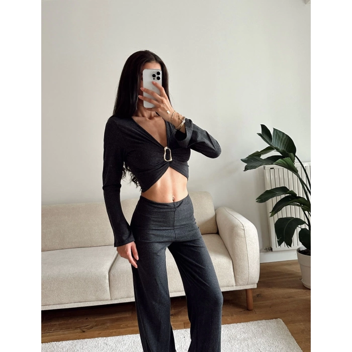 Tokalı Kruvaze Crop & Pantolon Takım - SİYAH