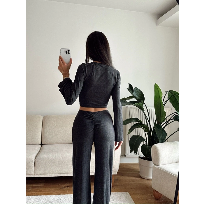 Tokalı Kruvaze Crop & Pantolon Takım - SİYAH