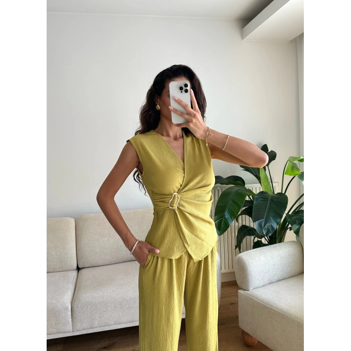 Tokalı Kruvaze Pantolon Takım - YAĞ YEŞİLİ