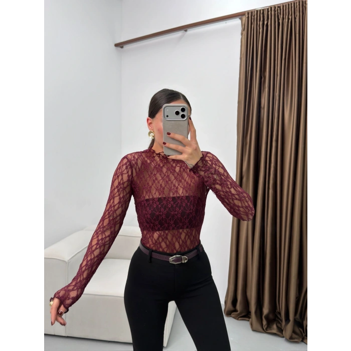 Transparan Dantel Bluz - BORDO