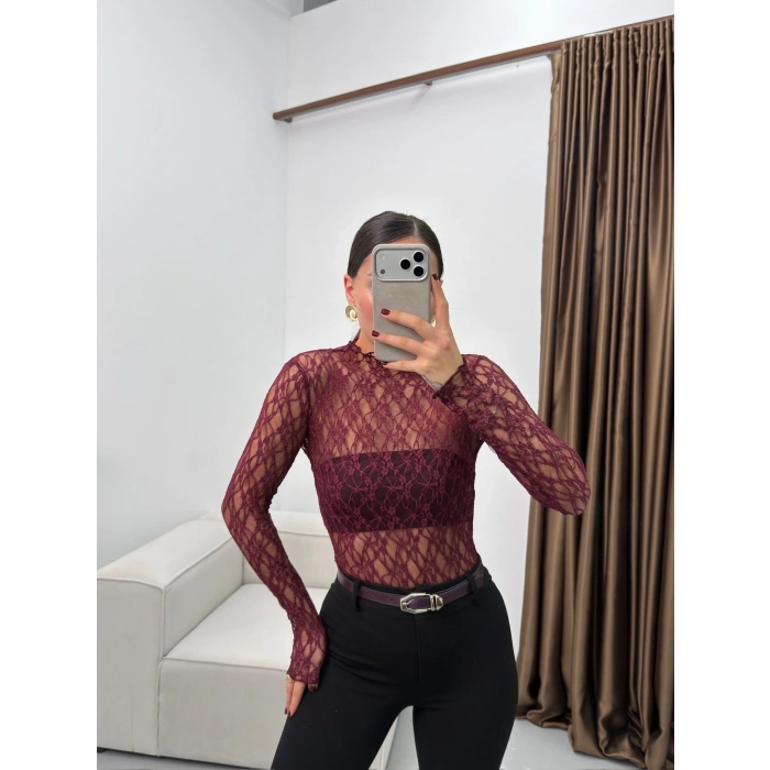 Transparan Dantel Bluz - BORDO