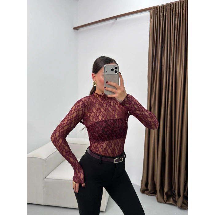 Transparan Dantel Bluz - BORDO