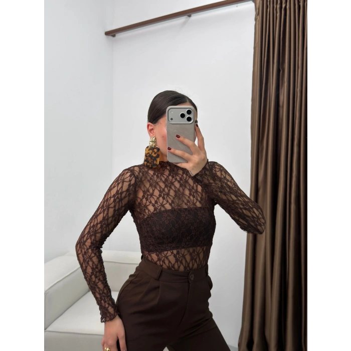 Transparan Dantel Bluz - KAHVE