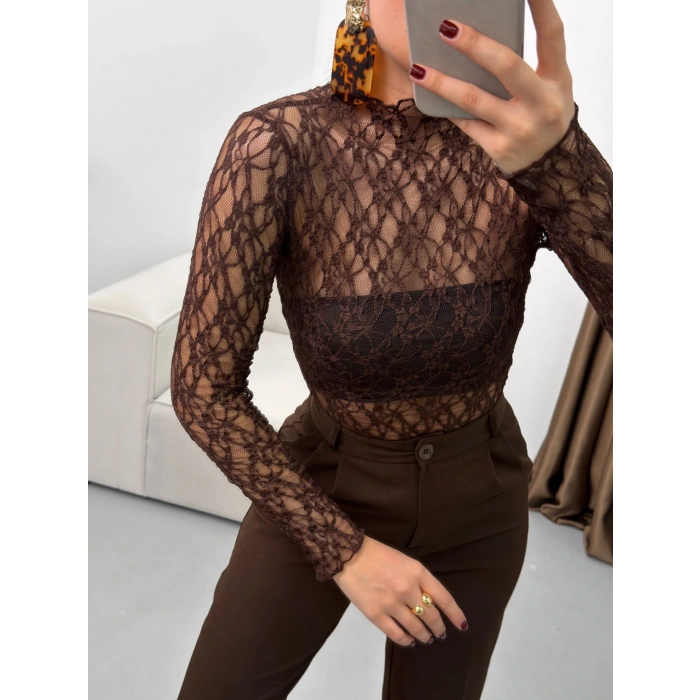 Transparan Dantel Bluz - KAHVE