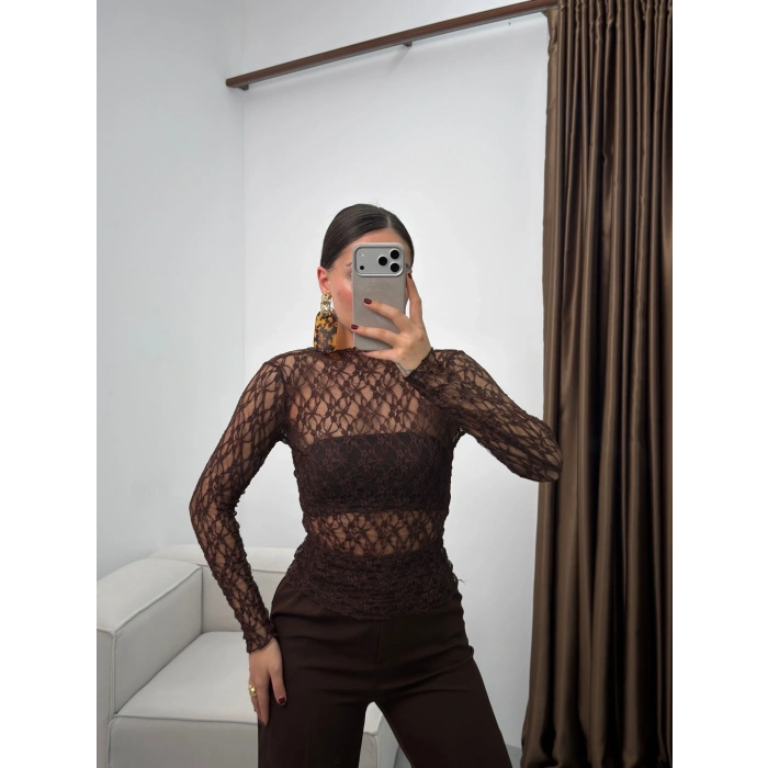 Transparan Dantel Bluz - KAHVE