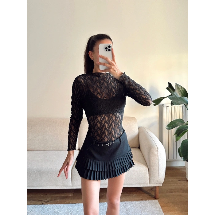 Transparan Dantel Bluz - SİYAH