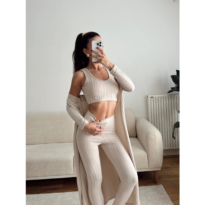 Triko Burgu Üçlü Takım - BEJ