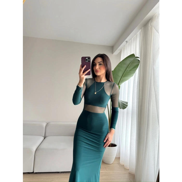 Tül Dekolte Uzun Elbise - YEŞİL
