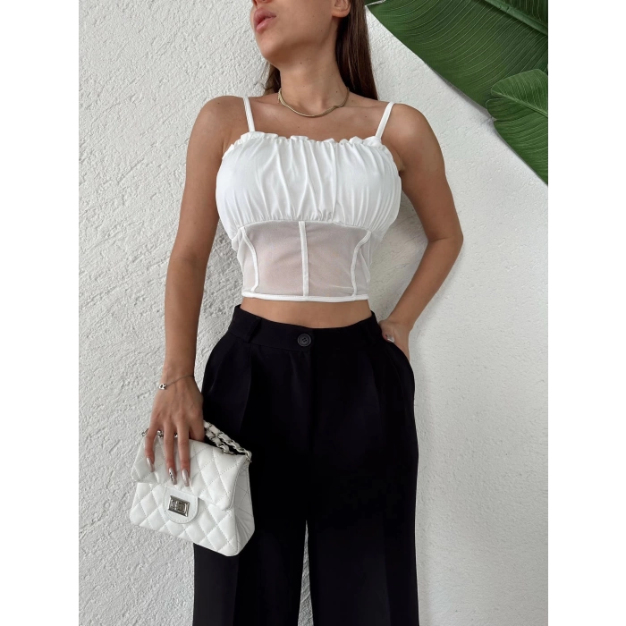 Tül Detay Askılı Crop-BEYAZ