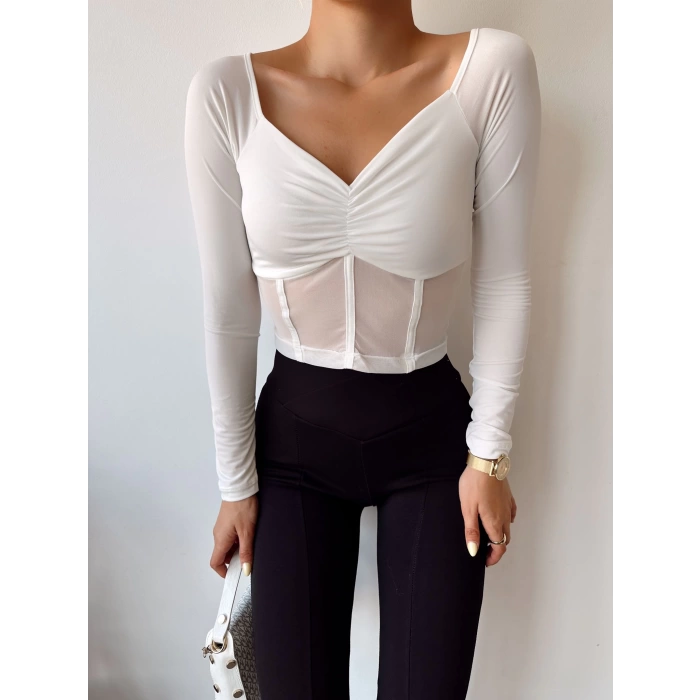Tül Detay Biyeli Crop Bluz-BEYAZ