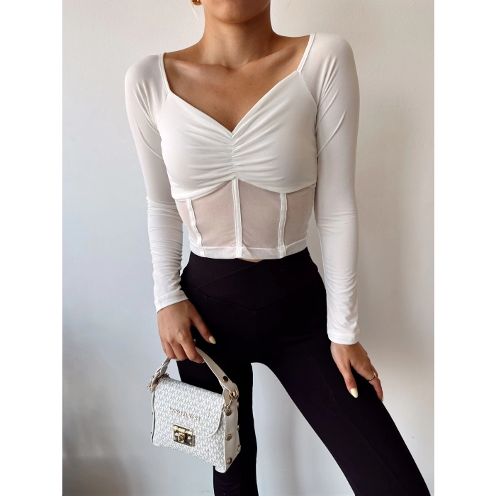 Tül Detay Biyeli Crop Bluz-BEYAZ