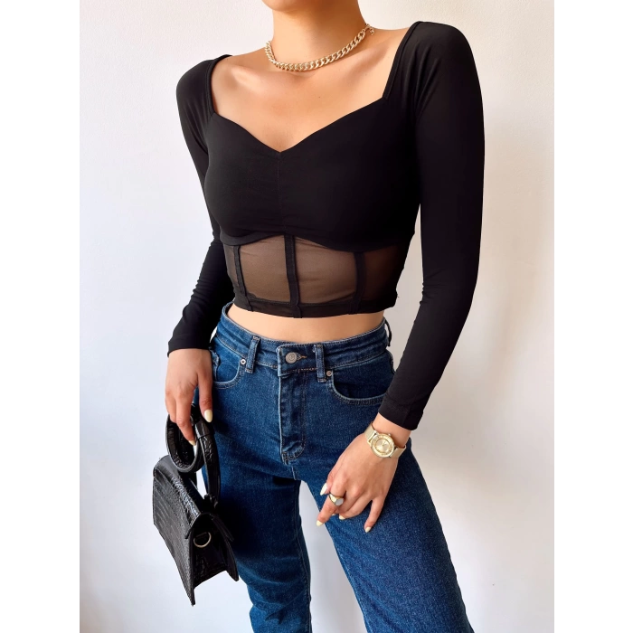 Tül Detay Biyeli Crop Bluz-SİYAH