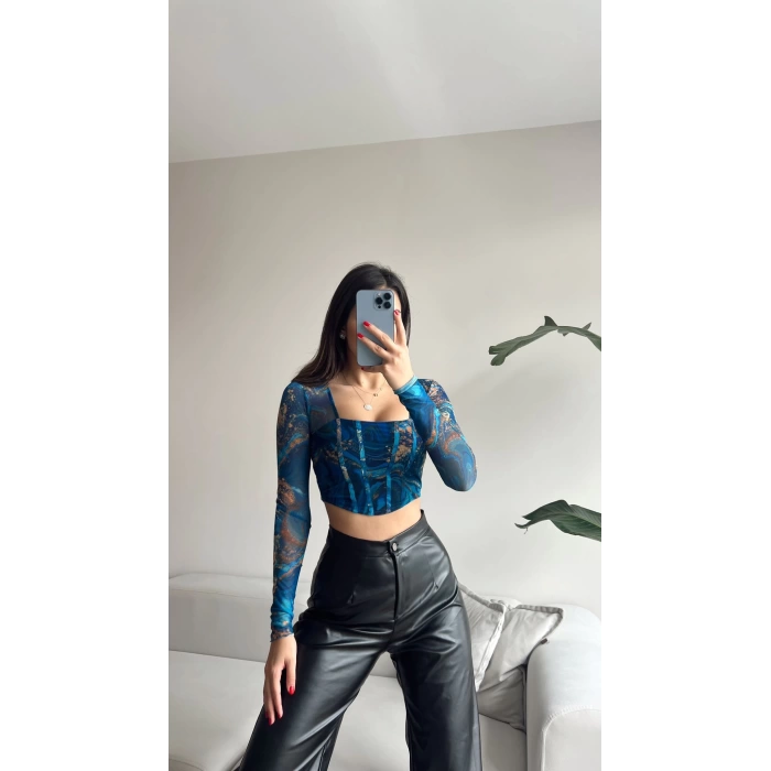 Tül Detay Crop Bluz