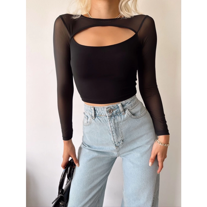 Tül Detay Crop Bluz