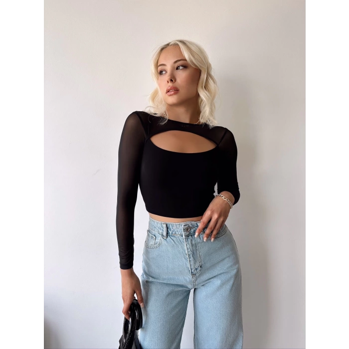 Tül Detay Crop Bluz
