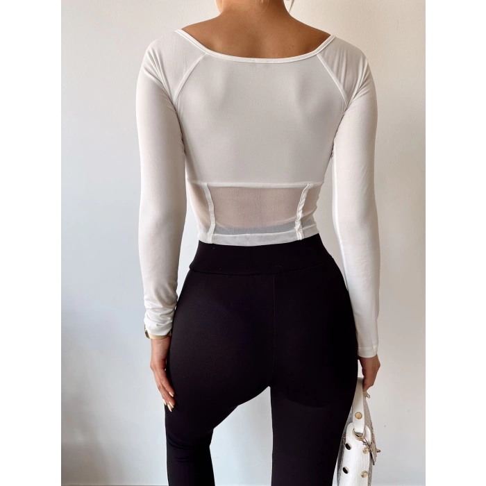 Tül Detay Crop Bluz-BEYAZ
