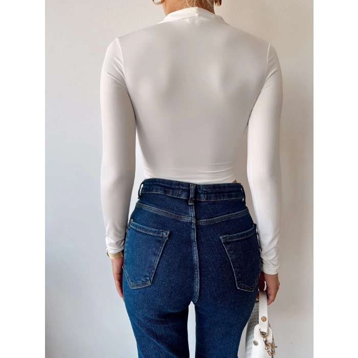 Tül Detay Crop Bluz-BEYAZ