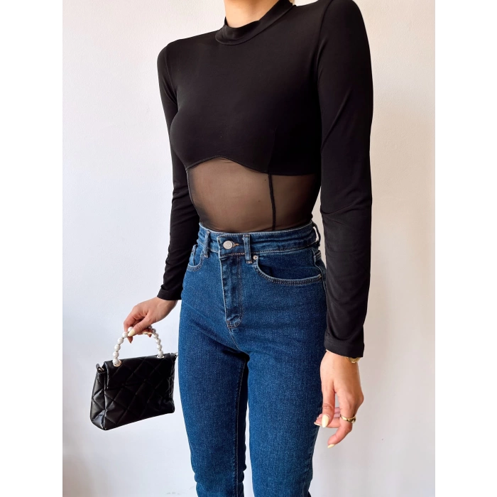 Tül Detay Crop Bluz-SİYAH