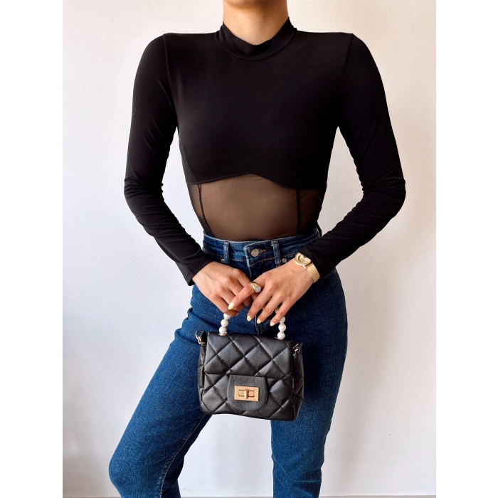 Tül Detay Crop Bluz-SİYAH