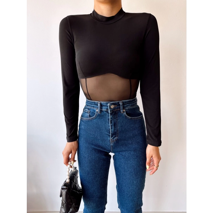 Tül Detay Crop Bluz-SİYAH